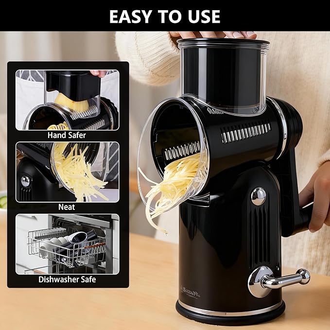 5-in-1 Rotary Cheese Grater Vegetable Slicer with Handle - Upgraded Hand Crank Cheese Grater with Handle and Strong Suction Base, Multi-Purpose Slicer with 5 Blades (Black) - Image 4