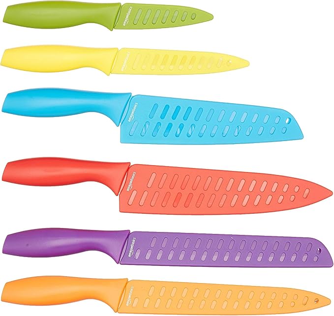Amazon Basics Color-Coded Dishwasher Safe Kitchen Knife Set, 12-Piece with Ergonomic Handles, Non-stick Sharp Blades, 6 Knives with 6 Blade Guards, Multicolor, 13.88 x 4.13 x 1.38 inch - Image 2