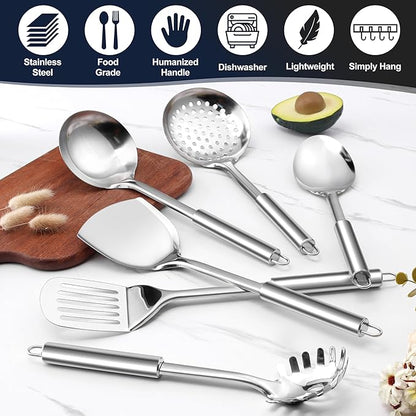 E-far Stainless Steel Kitchen Utensils Set, 39-Piece Cooking Utensils Set with Holder, Non-toxic Metal Heat Resistant Kitchen Gadgets Cookware Tool Spatula Set for Cooking, Dishwasher Safe - Image 5