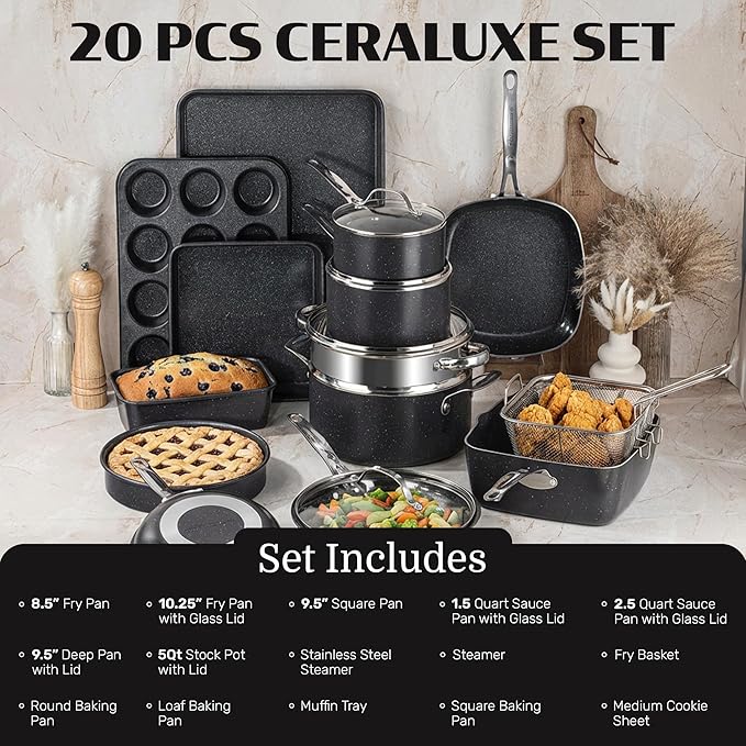 Granitestone Ceraluxe 20 Pc Ceramic Cookware Set Nonstick, Complete Pots and Pans Set Non Stick with 5 Pc Bakeware Set, Deep Frying Pan Set, & Steamer, Non Toxic PFOA Free, Oven & Dishwasher Safe - Image 2