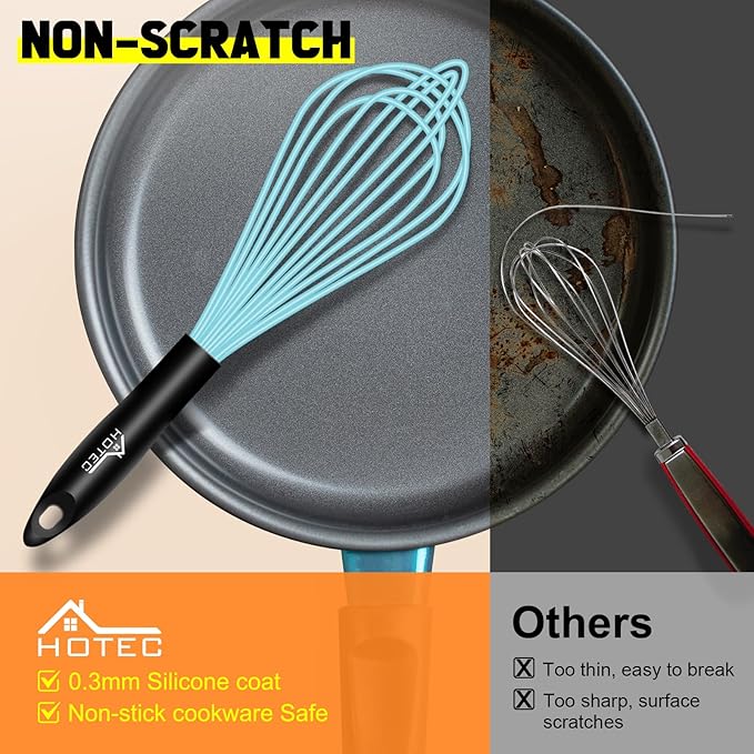 HOTEC 4 Pieces Silicone Whisks Set, Wire Balloon Whisks Egg Beater, Non-slip Handle Whisk for Non-stick Cookware Perfect for Cooking, Stirring, Beating and Blending (Blue) - Image 6