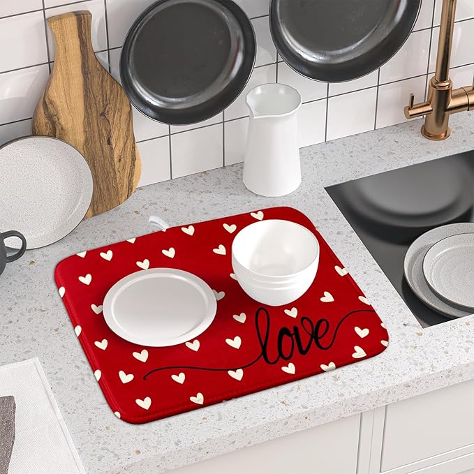 Giwawa Red Hearts Dish Drying Mat 16"x18", Valentines Day Symbol of Love Dish Drainer Mats, Romantic Reversible Dish Drying Rack Pad Protector for Kitchen Countertop Tabletop Small Decor