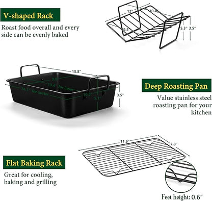 E-far Roasting Pan with Racks, Small Stainless Steel Turkey Roaster with V-Shaped & Cooling Rack for Oven, 14 Inch Nonstick Deep Broiler Pan with Handles for Baking Chicken Lasagna Meat, Heavy Duty