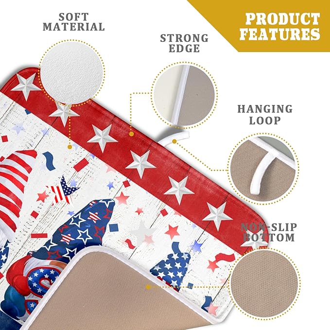 Giwawa 4th of July Gnomes Dish Drying Mat 16x18 inch Patriotic Elf Usa Stars Dish Drainer Mats Independece Day Small Microfiber Dish Drying Pad for Kitchen Countertop Holiday Decor