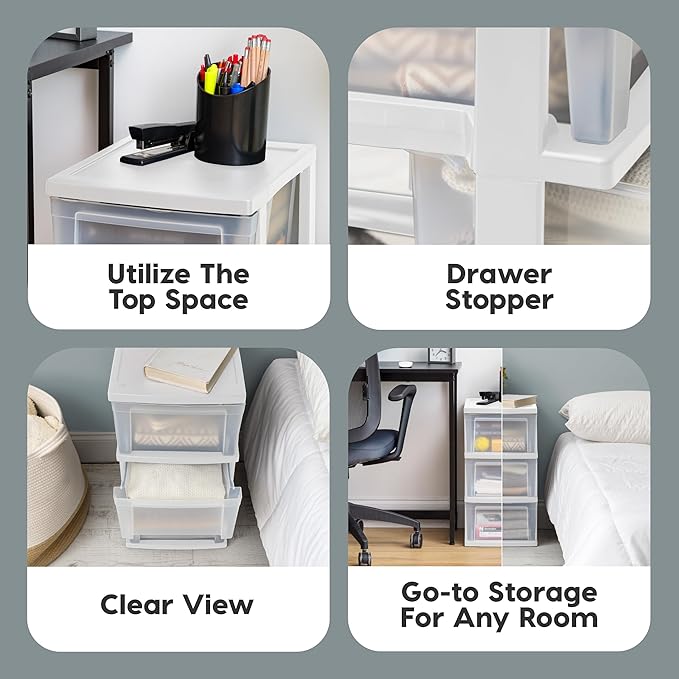 IRIS USA Plastic Drawer Storage Organizer, 3-Drawers, 2-Pack, for Classroom Art Craft Supplies, Bathroom Bedroom, Laundry Room, White/Clear - Image 3