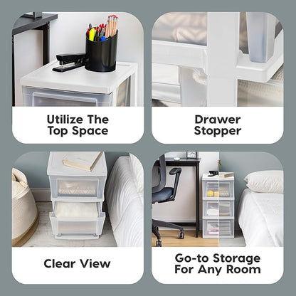 IRIS USA Plastic Drawer Storage Organizer, 3-Drawers, 2-Pack, for Classroom Art Craft Supplies, Bathroom Bedroom, Laundry Room, White/Clear - Image 3