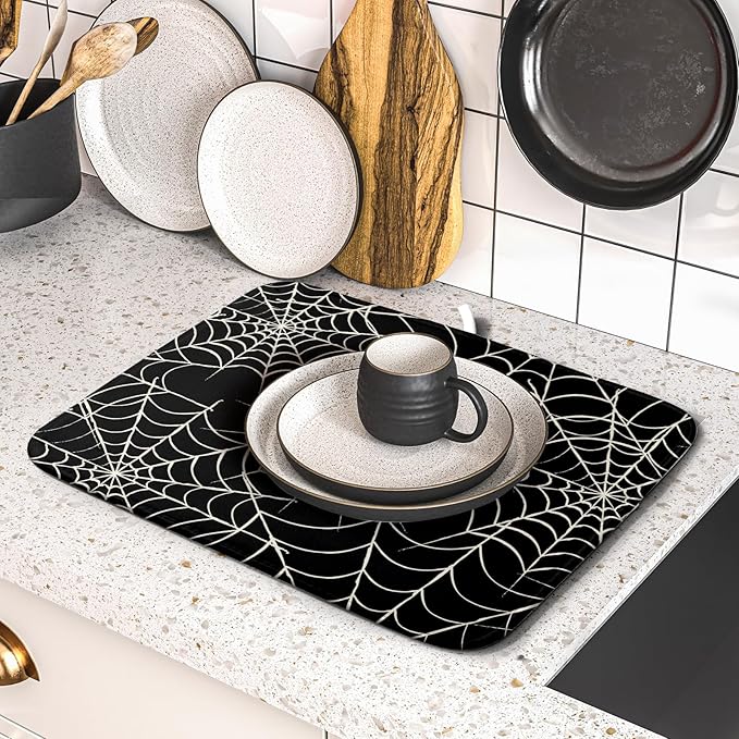 Halloween Dish Drying Mat for Kitchen Counter 16x18 Spider Web Black Holiday Scary Theme Absorbent Reversible Microfiber Drying Mats Kitchen Countertop Protector Dishes Drainer Pad - Image 5
