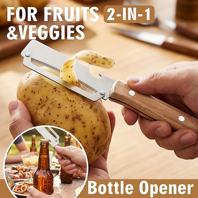 Vegetable Peeler, Multi Functional Premium 2-in-1 Potato Peelers, with Wooden Handle & Bottle Opener, Stainless Steel Kitchen Tool for Fruit Potato Pumpkin Papaya, Pare Necessary Kitchen Tools 1 Pcs