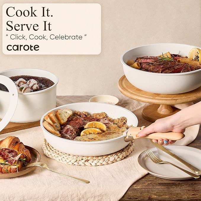 CAROTE 33pcs Pots and Pans Non Stick, Cookware Sets Detachable Handle, Induction Kitchen Pots and Pans, NonStick Cooking Set, Oven/Dishwasher/Fridge Safe, Space Saving - Image 4