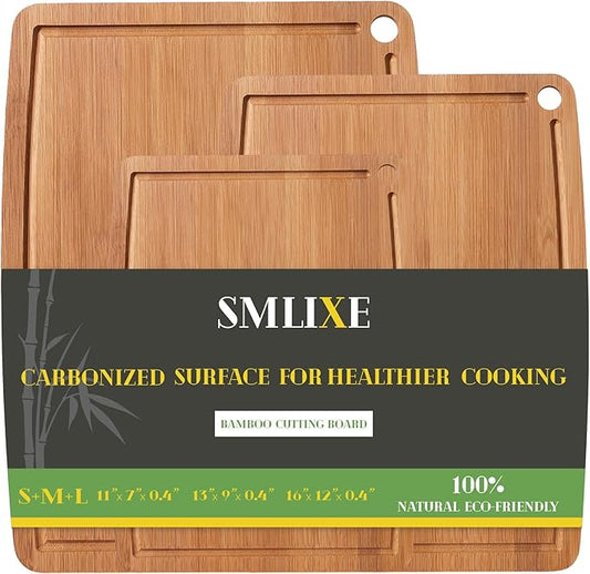 Bamboo Cutting Boards for Kitchen [Set of 3],Carbonized Wood Cutting Board Set with Deep Juice Groove for Chopping Meat, Vegetables, Fruits, Nuts,Lightweight & Durable,Ideal Kitchen Gift by smlixe