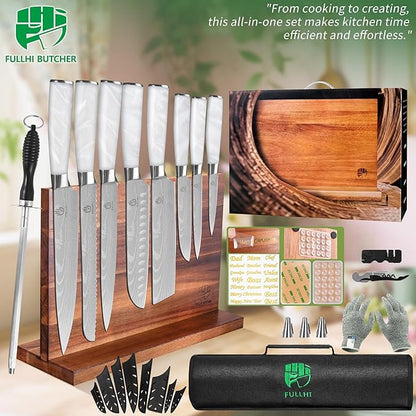 FULLHI 15pcs Japanese Knife Set with Magnetic Knife Block Holder, Stainless Steel Blades, White Resin Ergonomic Handles for Professional and Home Cooking