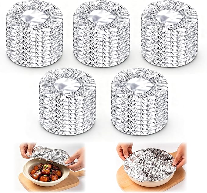 Reusable Aluminum Foil Food Cover, Heat-Insulating, Freshness-Preserving, Flexible Kitchen Lids for Meal Prep Baking Leftovers and Food Storage (100)
