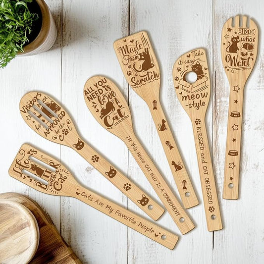 CUTHOLLOW 6PCS Cartoon Cats Wooden Kitchen Cooking Utensil Set, 11.9in Non Toxic Bamboo Wood Spoon Set for Cooking, Best Housewarming Birthday Thanksgiving Christmas Gift for Women Mother