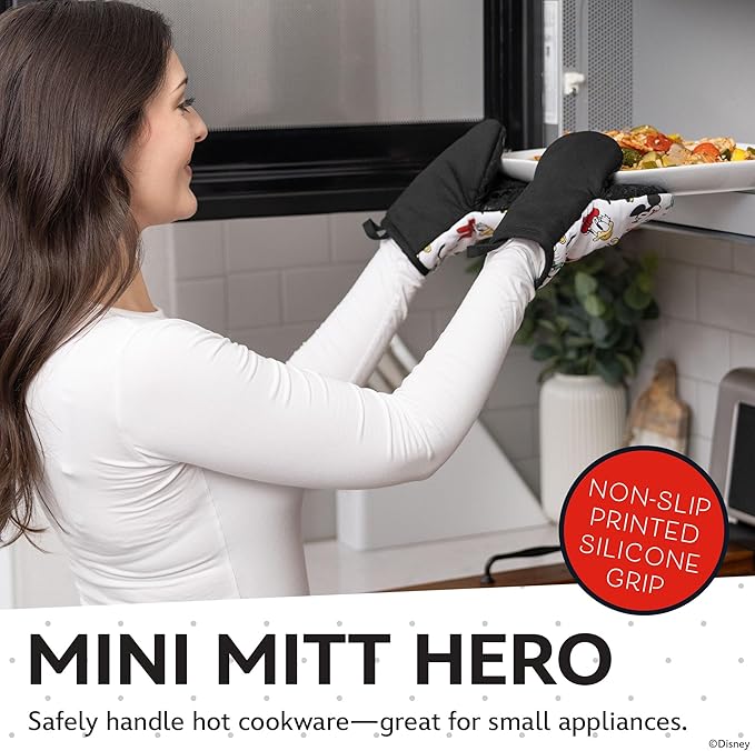 Disney Oven Mitts 2-Pack - 5.5” x 7.5” Heat-Resistant Mini Oven Mitts with Non-Slip Printed Silicone Disney Silhouettes - Pot Holders for Kitchen - Mickey & Minnie, Stitch, Winnie the Pooh