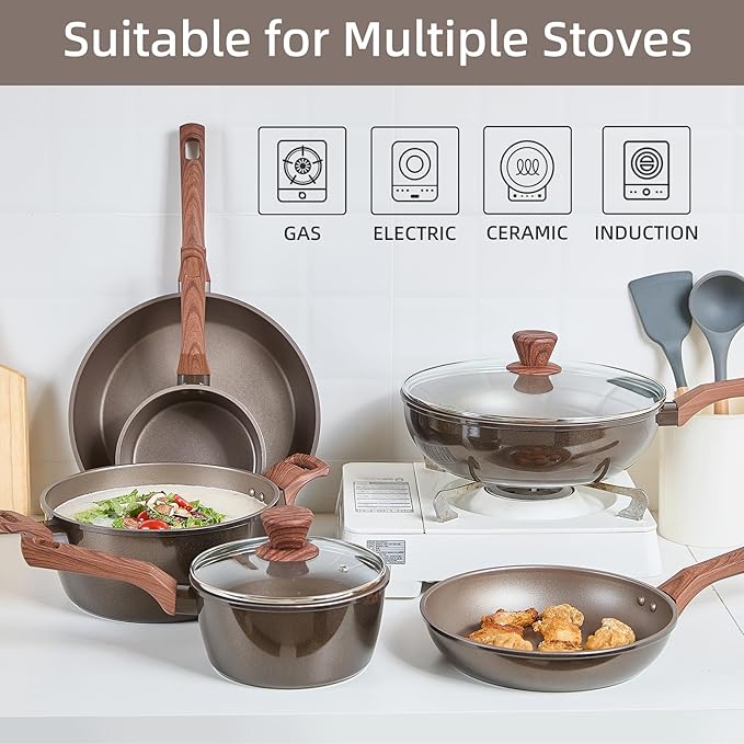 12Pcs Pots and Pans Set, Nonstick Cookware Sets, Non Stick Pots and Pan Set with Frying Pans, Saucepans, Steamer Silicone Shovel Spoon - Image 4