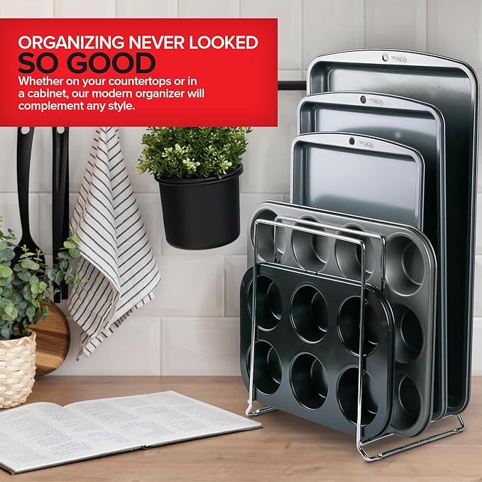 Stock Your Home Chrome (2 Pack) Extra Tall Steel Baking Pan Organizer Rack for Cabinet Storage or Kitchen Counter, Cookie Baking Sheet Organizer with Dividers, Muffin Tin and Cutting Board Holder - Image 7