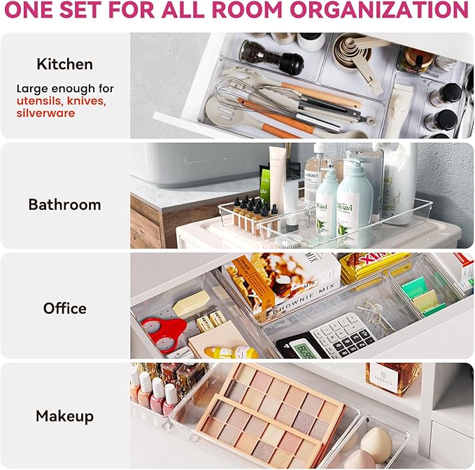 Criusia Large Drawer Organizer Bins 26 Pack | Complete 5 Size Clear Plastic Kitchen Drawer Organizers for Utensils | Bathroom Drawer Organizer Trays | Versatile for Makeup Office Organization - Image 3