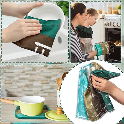12 Pcs Farmhouse Kitchen Decor Sets 4 Teal Green Kitchen Towels 4 Teal Absorbent Dishcloths 2 Rustic Pot Holders 2 Oven Mitts Gloves for Home Decorations Mom Gifts