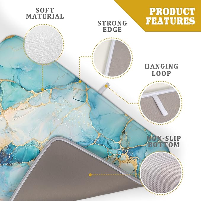Marble Print Dish Drying Mat for Kitchen Counter,Blue Teal Turquoise Gold Drying Mat 18 x 24 Inch with Absorbent Reversible Microfiber Drying Pad for Coffee Bar - Image 4