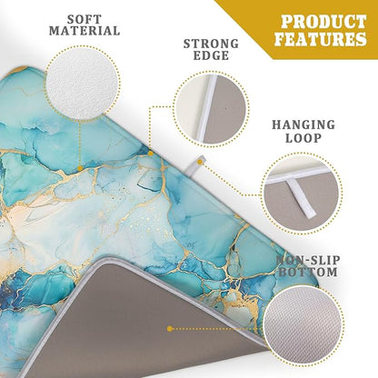 Marble Print Dish Drying Mat for Kitchen Counter,Blue Teal Turquoise Gold Drying Mat 18 x 24 Inch with Absorbent Reversible Microfiber Drying Pad for Coffee Bar - Image 4