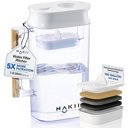 Water Filter Pitcher - Long Lasting 150 Gallons, Supreme Fast Filtration and Purification Technology, Removes Chlorine, Metals for Clean Tasting Drinking Water, WQA Certified, by Nakii