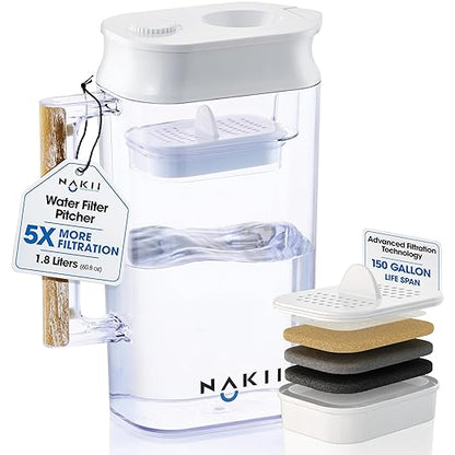 Water Filter Pitcher - Long Lasting 150 Gallons, Supreme Fast Filtration and Purification Technology, Removes Chlorine, Metals for Clean Tasting Drinking Water, WQA Certified, by Nakii