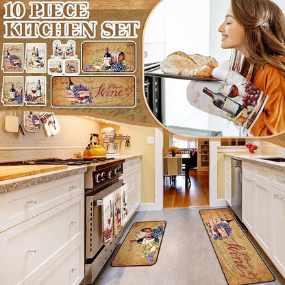 Fourluoo 10 Pcs Wine Kitchen Dish Towels Rugs Oven Mitts and Pot Holders Set Farmhouse Kitchen Decor Set for Women Mom Daughter Gift Cooking Baking Grilling (Rustic Color)