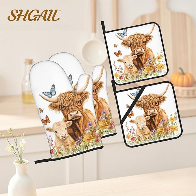 Highland Cow Flower Oven Mitts with Matching Potholders - Heat Resistant Kitchen Accessories for Baking, Grilling, Cooking, Gifts for Women