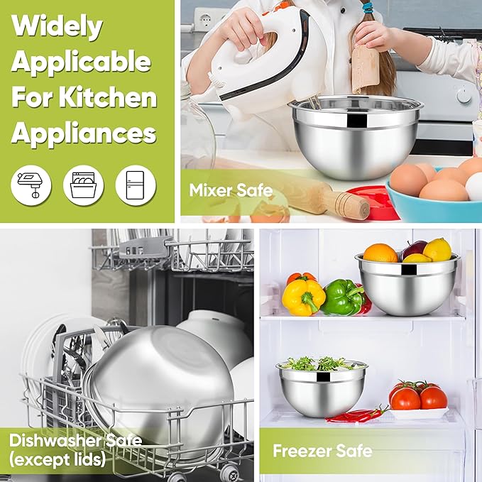 TeamFar Mixing Bowls, 4.5/3/1.5/1/0.7 QT, Stainless Steel Metal Nesting Salad Bowl with Lid Set of 5, Ideal for Prepping Serving, Healthy & Sturdy, Airtight Lid & Easy Clean, Multi-Color - Image 7