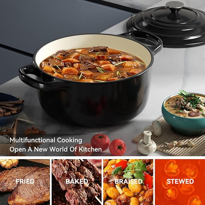 Miereirl 6 Quart Enameled Dutch Oven Pot with Lid, Cast Iron Dutch Oven with Dual Handles for Bread Baking, Cooking, Non-stick Enamel Coated Cookware (Black) - Image 7