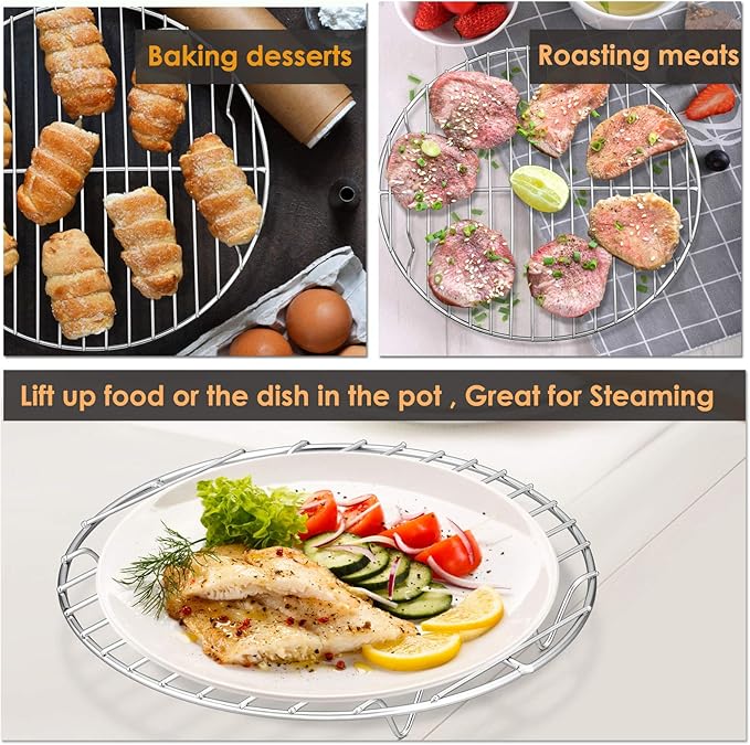 P&P CHEF Round Cooking Rack, 3 Pcs Stainless Steel Baking Cooling Steaming Grilling Rack, Fits Air Fryer/Stockpot/Pressure Cooker/Round Cake Pan, Oven & Dishwasher Safe (7.5 Inch) - Image 4