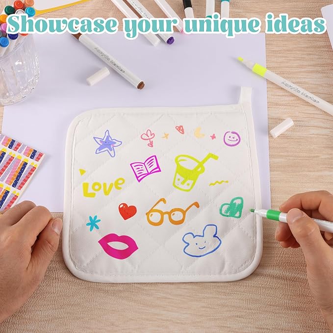 40 Pcs Pot Holder Bulk for Craft Include 16 White Heat Resistant Pot Holders and Oven Mitts with 24 Makers for Kitchen Cooking and Baking Christmas DIY Craft Project Set