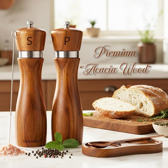 Premium Acacia Wood Salt & Pepper Grinder Set, 8-Inch Manual Mills with Adjustable Coarseness, Ceramic Core, Matching Tray, Spoon & Cleaning Brush – 2 Pack - Image 2