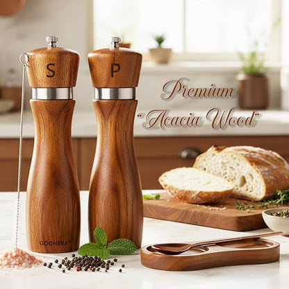 Premium Acacia Wood Salt & Pepper Grinder Set, 8-Inch Manual Mills with Adjustable Coarseness, Ceramic Core, Matching Tray, Spoon & Cleaning Brush – 2 Pack - Image 2