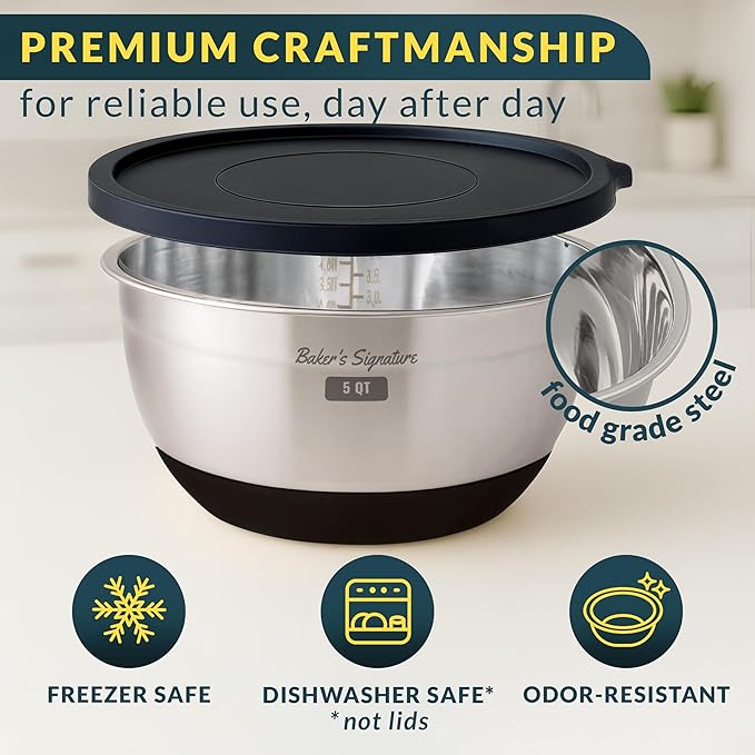 Baker's Signature Stainless Steel Mixing Bowls with Lids Set, 5 Sizes, 3 Graters, Non-Slip Base, Airtight Lids, Metal Mixing Bowls for Kitchen, Food Prep, Storage, 0.63QT-5QT, Black - Image 4