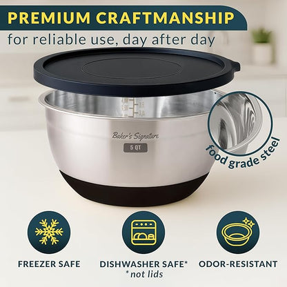 Baker's Signature Stainless Steel Mixing Bowls with Lids Set, 5 Sizes, 3 Graters, Non-Slip Base, Airtight Lids, Metal Mixing Bowls for Kitchen, Food Prep, Storage, 0.63QT-5QT, Black - Image 4