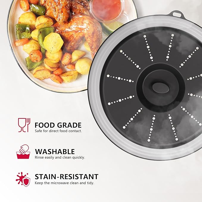 WVM Microwave Splatter Cover Vented for Food with Hook Hole, Splatter Guard & Colander Kitchen Gadget for Food, Meal Prep, Black