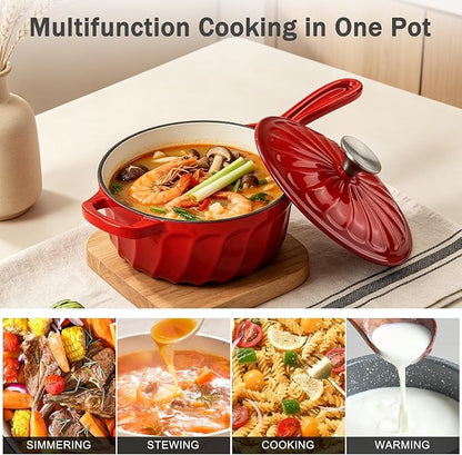 Enameled Cast Iron Sauce Pan, 2 Quart Enameled Saucepan with Lid, Small Cast Iron Pot for All Cooktops Making Pasta Sauce, Gravy, Puddings, Marinate, Boiling (Gradient Red)