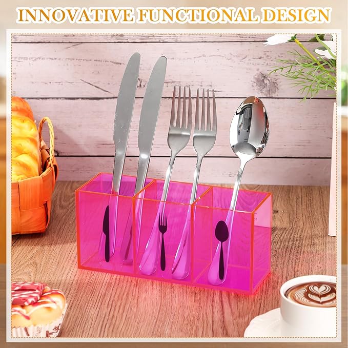 Suzile Acrylic Cutlery Storage Organizer Bin Silverware Caddy Countertop Knife Spoon and Fork Holder Kitchen 3 Section Tableware Storage Box for Cabinet Indoor Home Flatware Dining Room(Pink,M) - Image 4