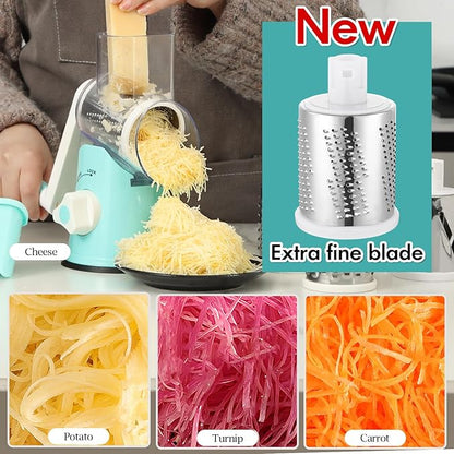 Ourokhome Rotary Cheese Grater Hand Crank, Kitchen Shredder Speed Mandolin Slicer Ice Shaver with Handle and Drum Blades for Cheese, Vegetable, Nuts, Chocolate, Potato, Carrot, 5 Blades, Blue - Image 2
