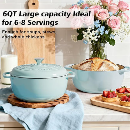 Umite Chef 6QT Enameled Cast Iron Dutch Oven with Lid, Versatile Heavy-Duty Cookware Pot for Baking Bread, Braising, Soups & Stews, Oven & Stovetop Safe with Heat Resistant Gloves（Blue） - Image 6