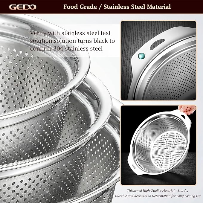 GEDO 304 Stainless Steel Colander Set, 3 Pack Kitchen Food Strainer with Handles, Nestable Metal Colanders for Washing Vegetables Fruits, Draining Pasta, Rinsing Rice, Dishwasher Safe Sink Strainer