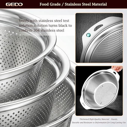 GEDO 304 Stainless Steel Colander Set, 3 Pack Kitchen Food Strainer with Handles, Nestable Metal Colanders for Washing Vegetables Fruits, Draining Pasta, Rinsing Rice, Dishwasher Safe Sink Strainer