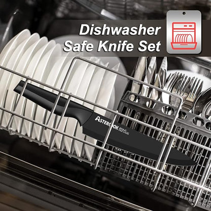 Knife Set, Astercook 21 Pieces Knife Sets for Kitchen with Block, Dishwasher Safe Kitchen Knife Set with Built-in Sharpener, German Stainless Steel Black Knife Block Set Mothers Day Gifts - Image 7