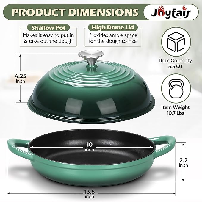 Bread Dutch Oven for Sourdough Baking (5.5 QT), Joyfair Enameled Cast Iron Dutch Oven Pot with Lid, Sourdough Bread Pan with Dual Handles, Non-Stick & Even Heat, Oven-safe up to 500°F, Olive Green - Image 7