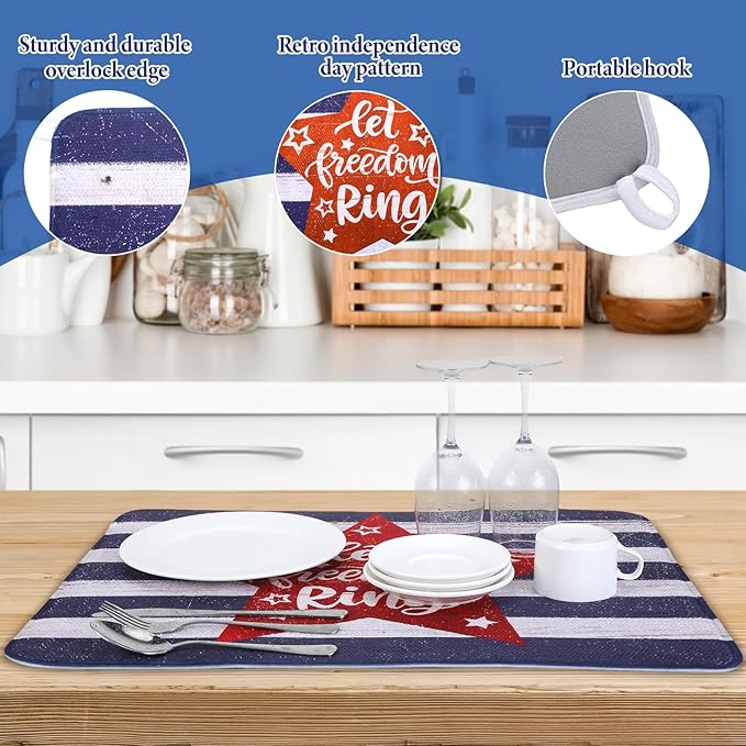 SiliFine 2 Pcs 4th of July Dish Drying Mat for Kitchen 18 x 24 Inch 250th Anniversary Patriotic Red White Blue Memorial Independence Day Star Microfiber American Flag Dish Drainer Mat for Countertop