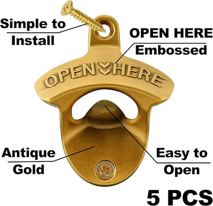 Antique Gold Wall Mounted Bottle Opener, Stainless Haning Beer Bottle Opener Embossed OPEN HERE for Kitchen Table Cabinet (5 PCS) - Image 2