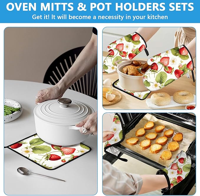 Red Strawberry Flower Oven Mitts and Pot Holders Sets Heat Resistant 4Pcs Potholders Oven Gloves Hot Pads for Kitchen Baking Cooking Grilling BBQ