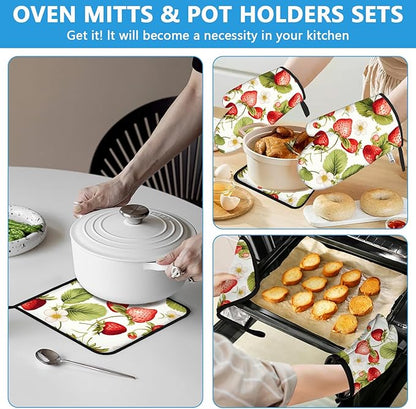 Red Strawberry Flower Oven Mitts and Pot Holders Sets Heat Resistant 4Pcs Potholders Oven Gloves Hot Pads for Kitchen Baking Cooking Grilling BBQ