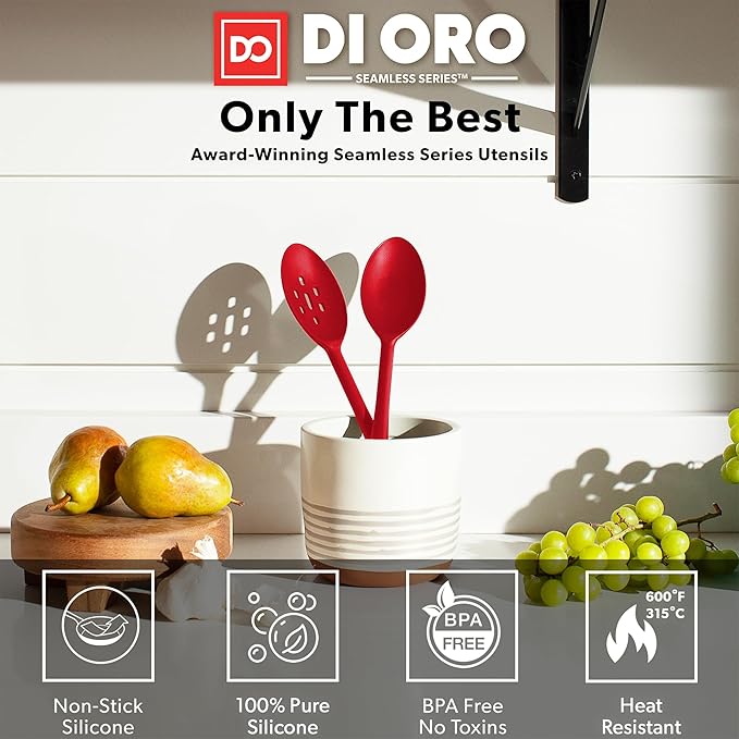 DIORO Silicone Mixing & Serving Spoons - Large Heat-Resistant Non Stick Utensils Big Solid & Slotted Basting & Stirring Spoons - Dishwasher Safe (2pc, Red) - Image 2